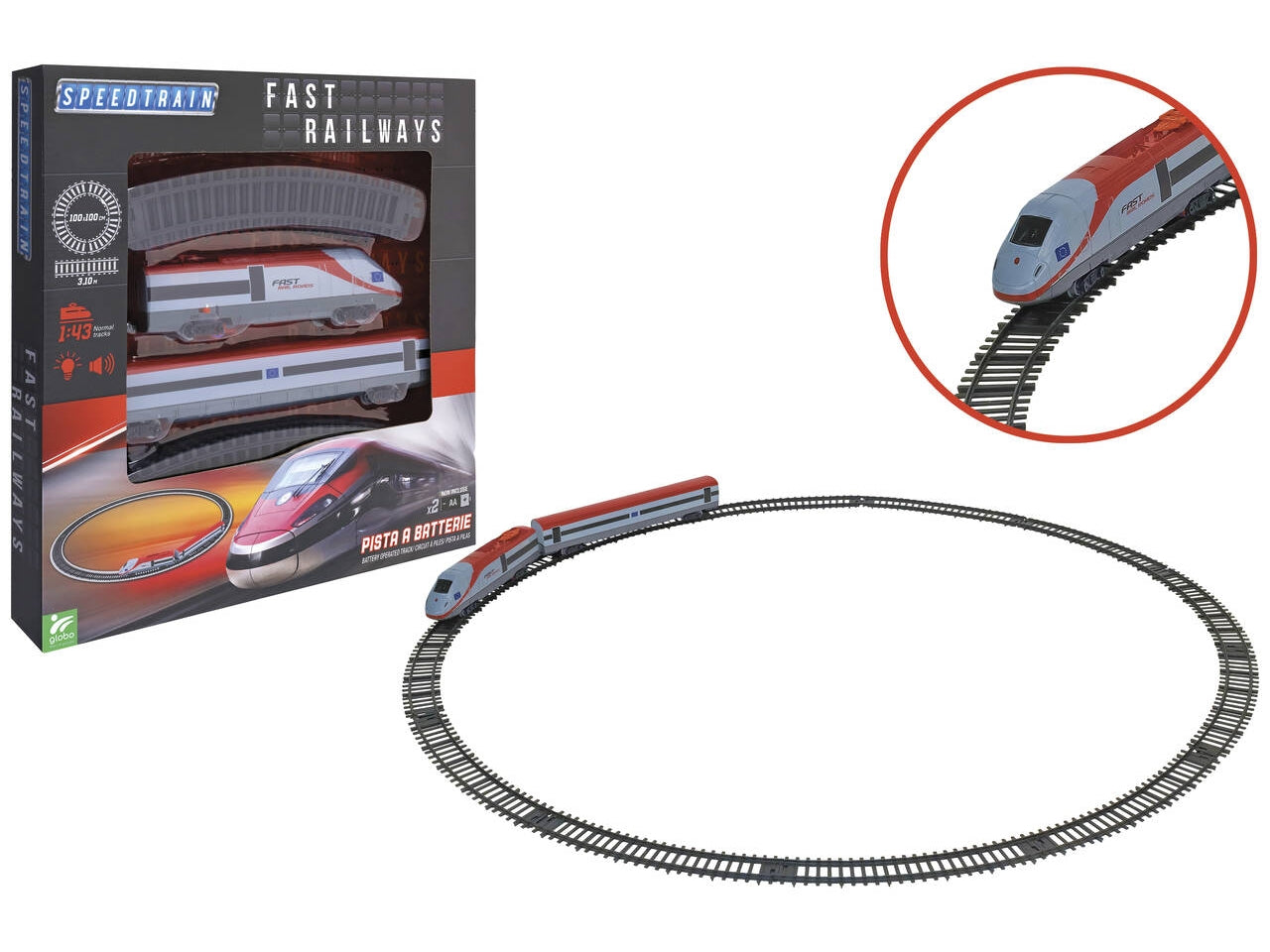 Treno 1:43 con pista, luci e suoni a batteria