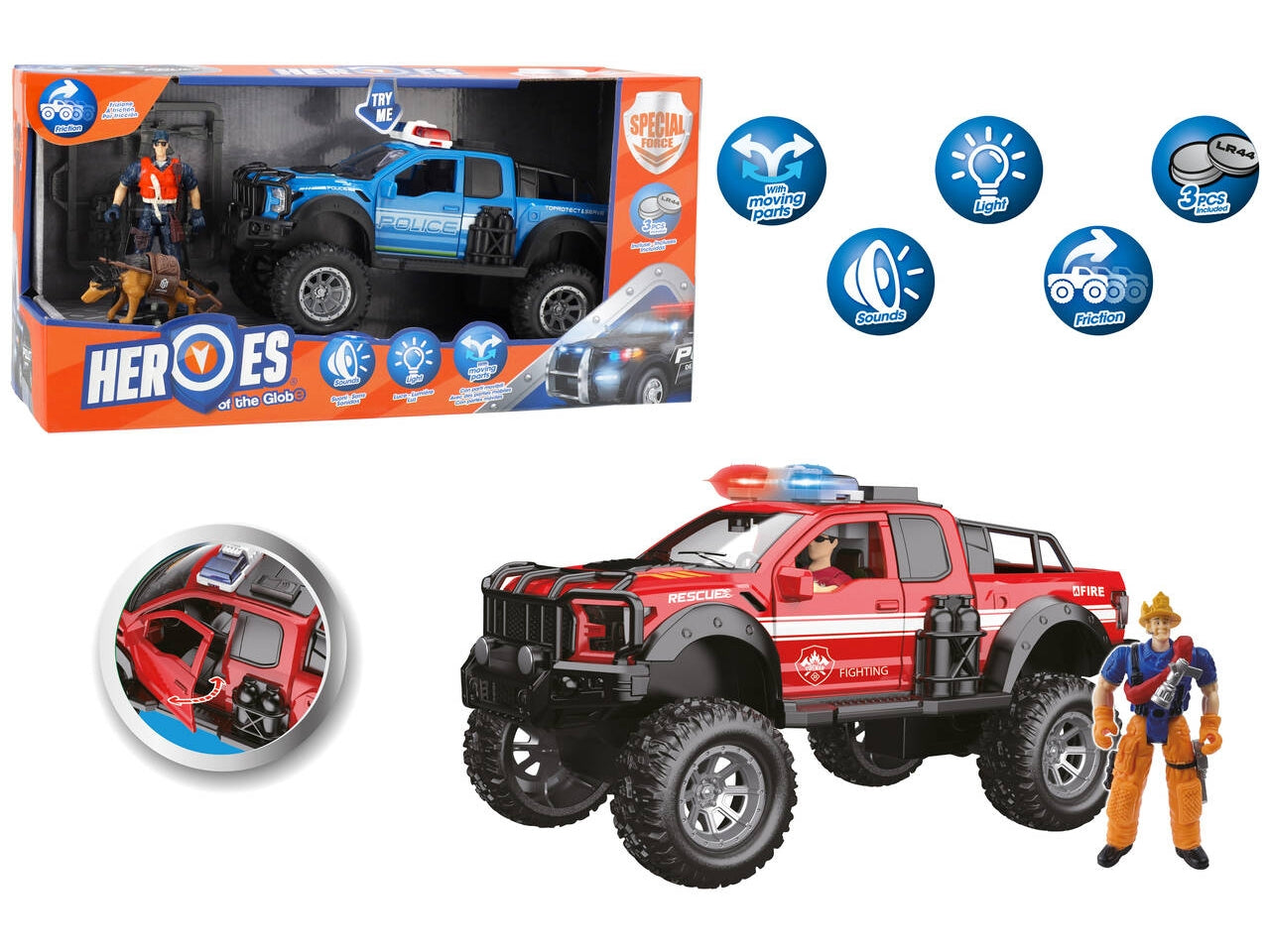 Auto off road police/pompieri con personaggio, luci e suoni a batteria try-me