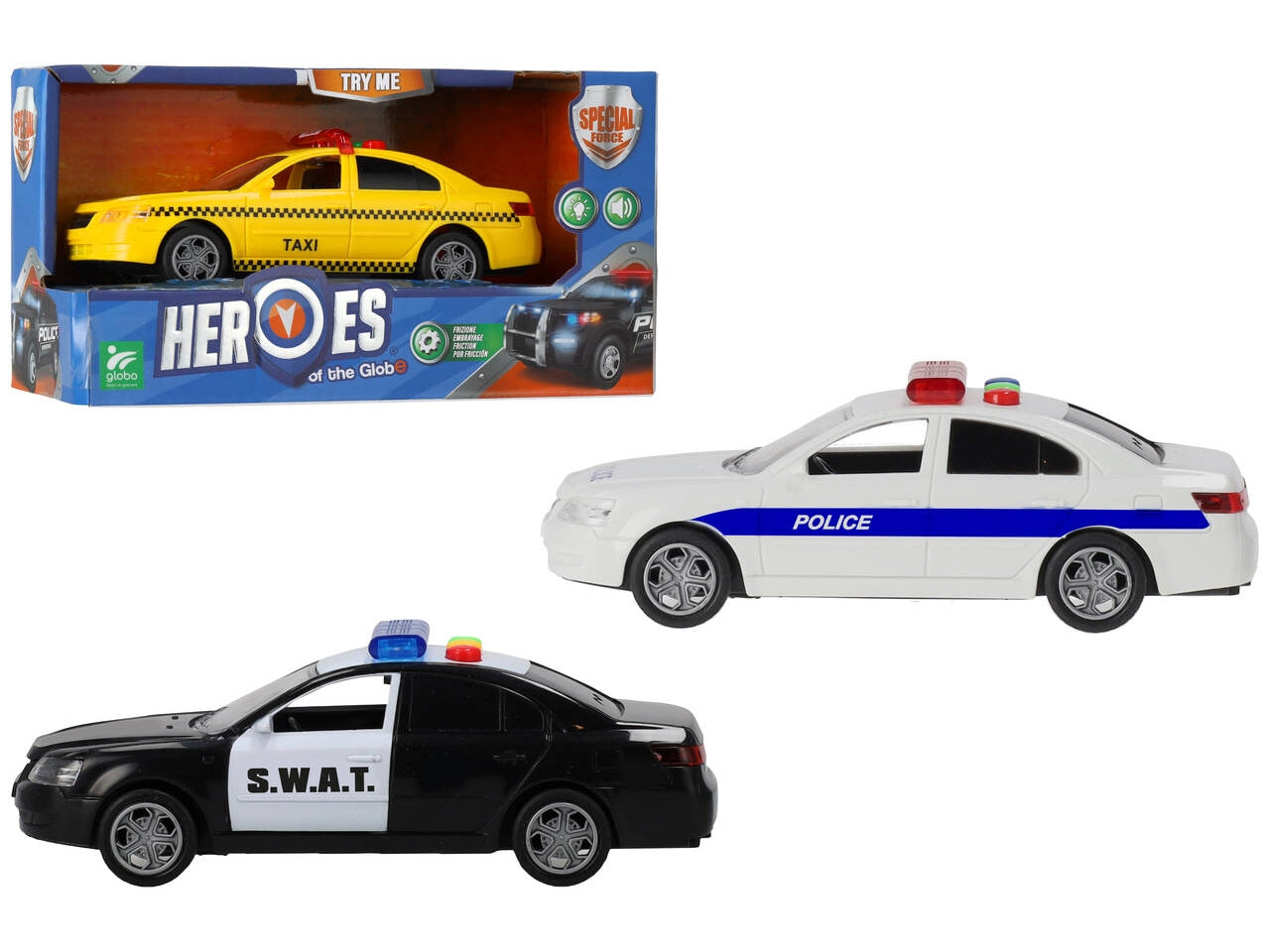 Auto forze dell'ordine a frizione con luci e suoni try me, 3 assortimenti