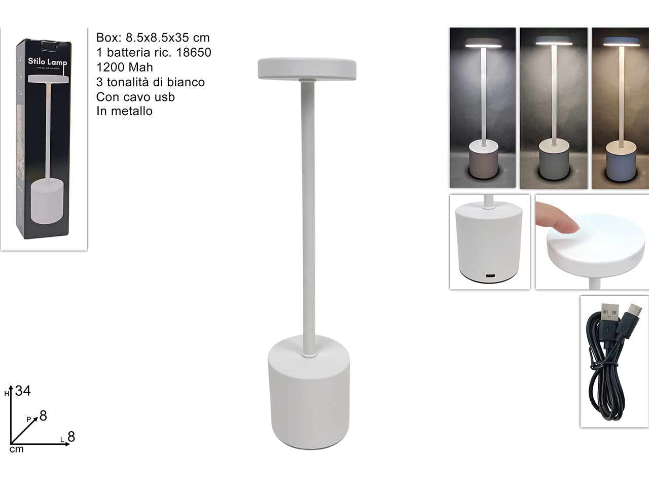 Lampada led bianca con base in metallo e touch 34cm