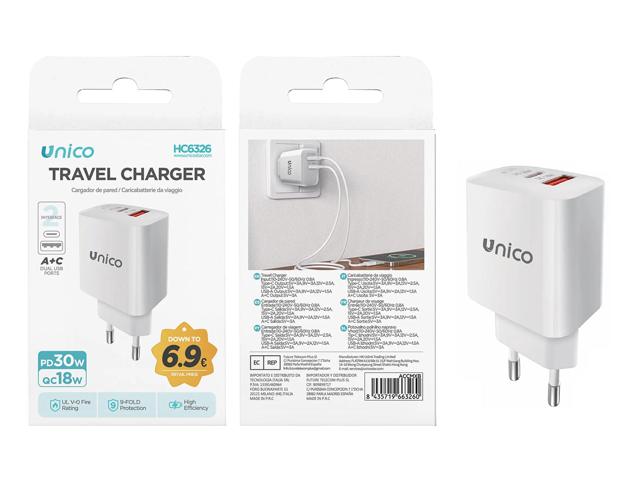Caricabatterie doppia porta type-USB e type c+a PD30W bianco