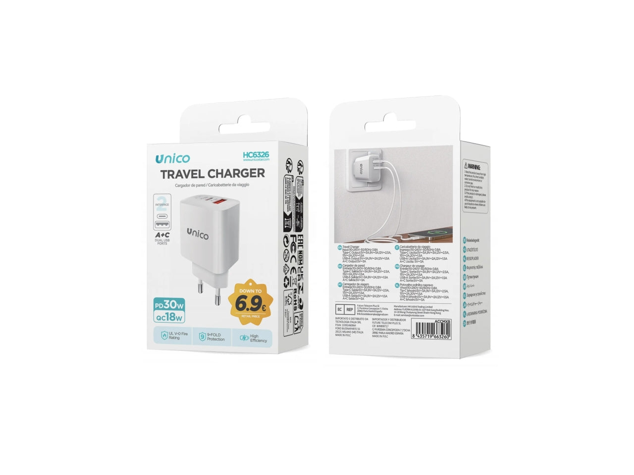 Caricabatterie doppia porta type-USB e type c+a PD30W bianco