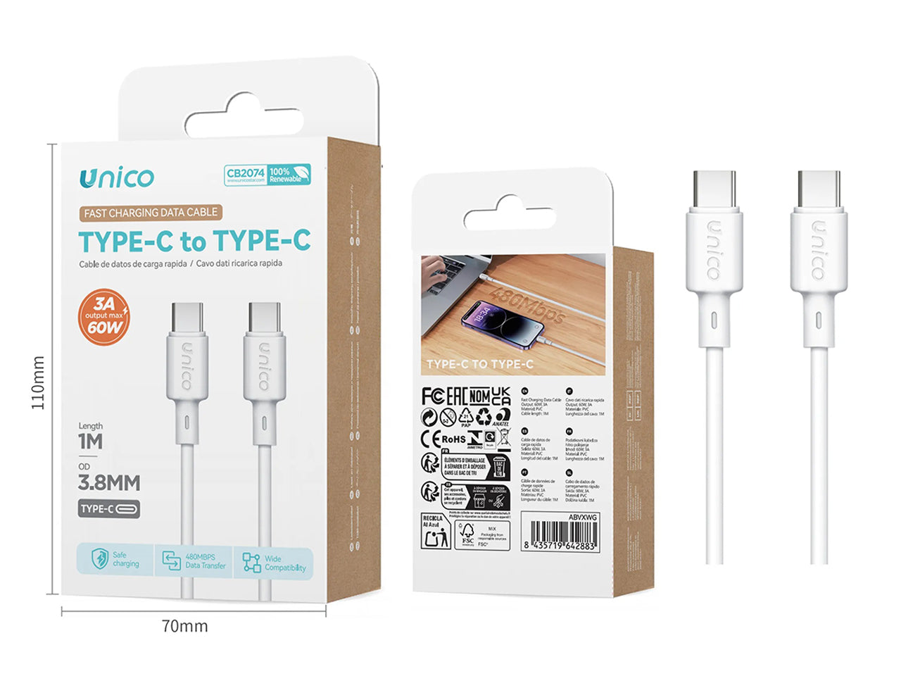 Cavo type-C+C 3 A 60W 1mt bianco