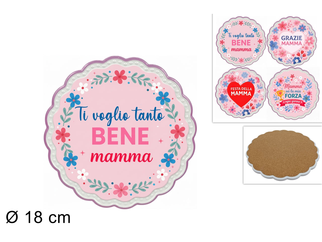 Sottopentola base sughero 18cm festa della mamma, decori assortiti