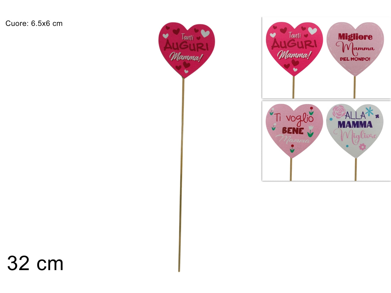 Spillone cuore 32cm "festa della mamma" in legno, 4 assortimenti