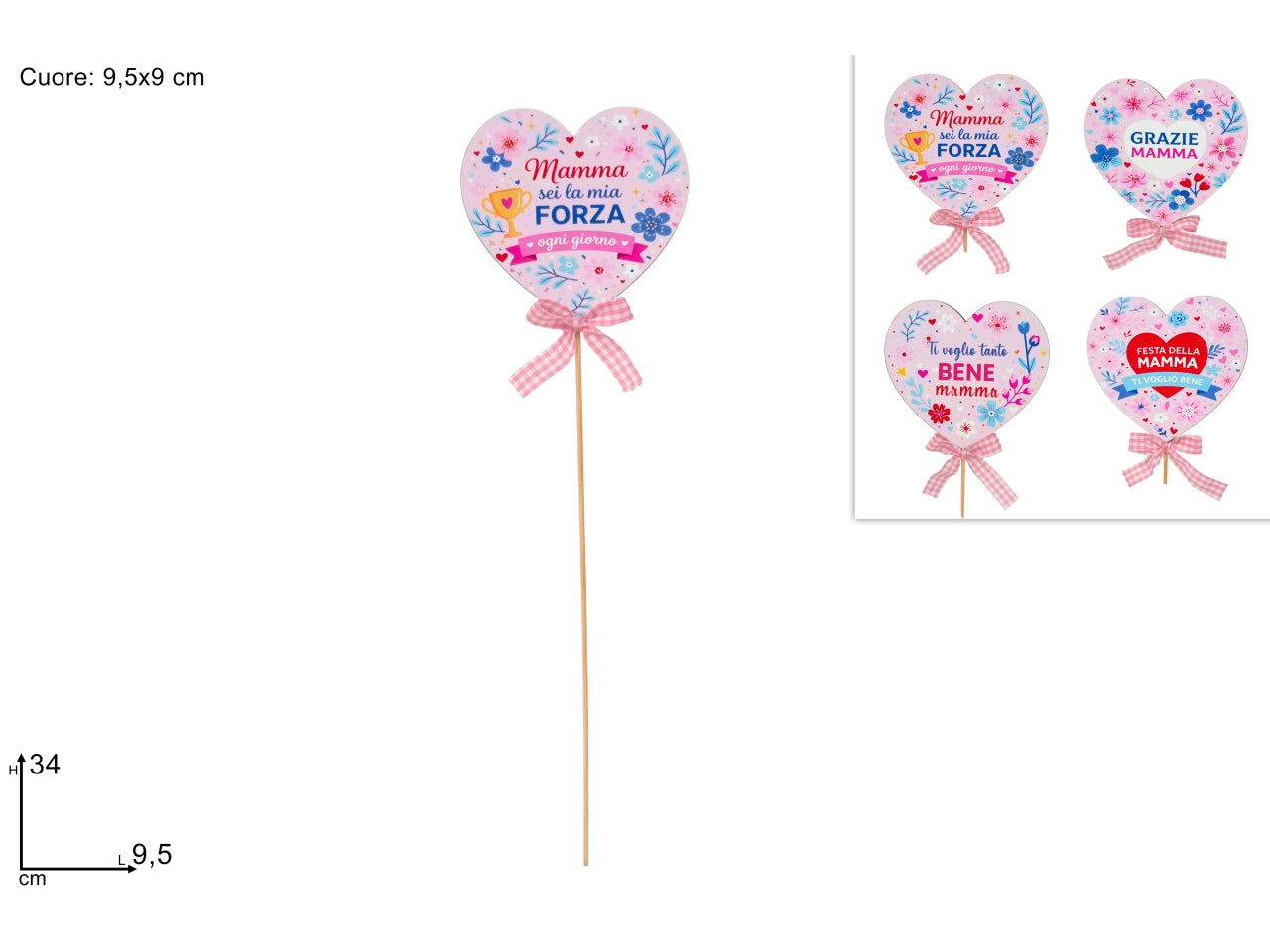 Spillone cuore 34cm "festa della mamma" in legno, 4 assortimenti