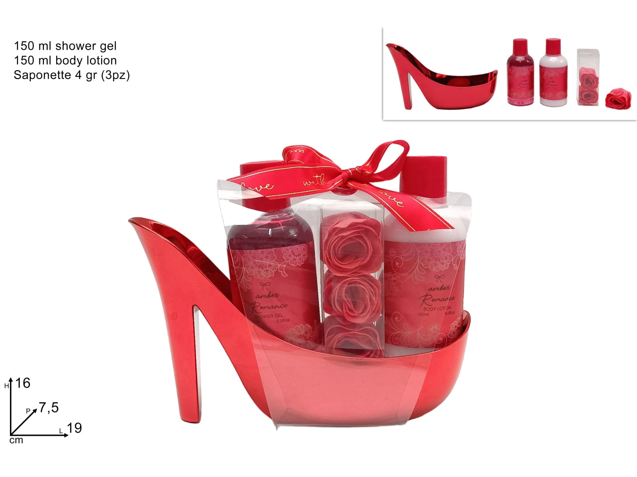 Confezione regalo scarpa rossa con bagnoschiuma, lozione e saponette