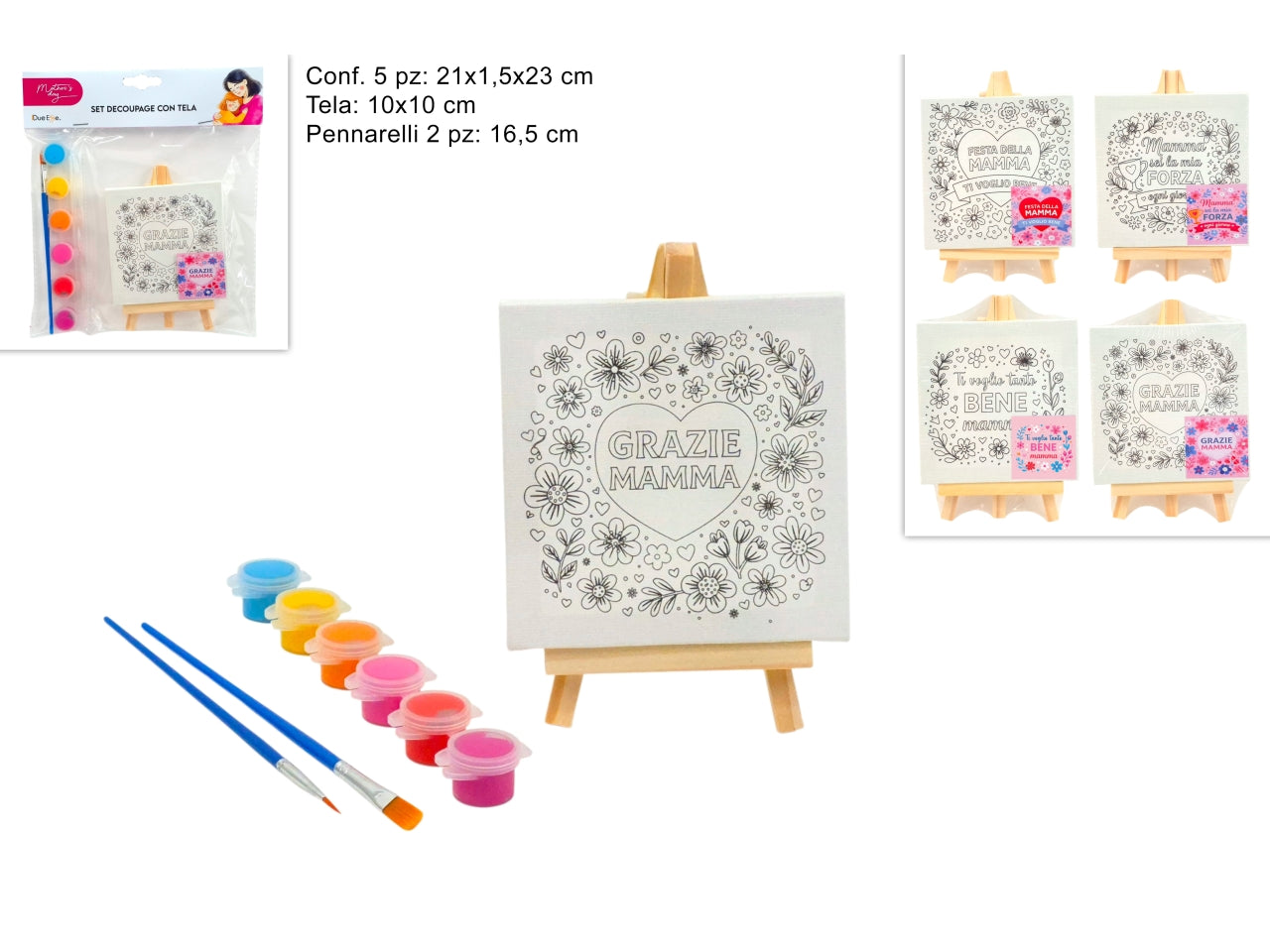 Set tela da dipingere festa della mamma 10x10cm con 6 acquerelli 2 pennelli, assortite