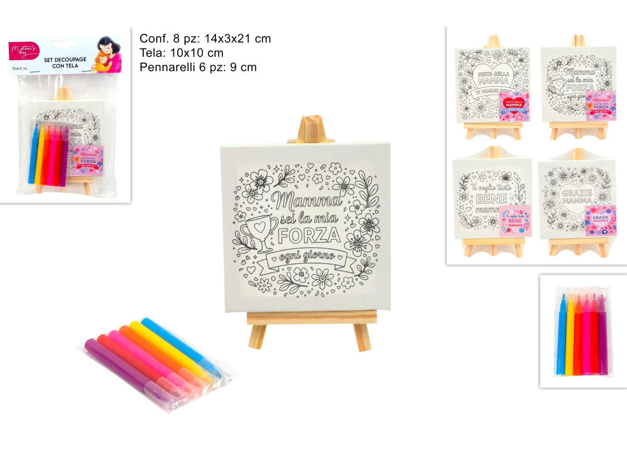 Set tela da dipingere festa della mamma 10x10cm con 6 pennarelli, assortite