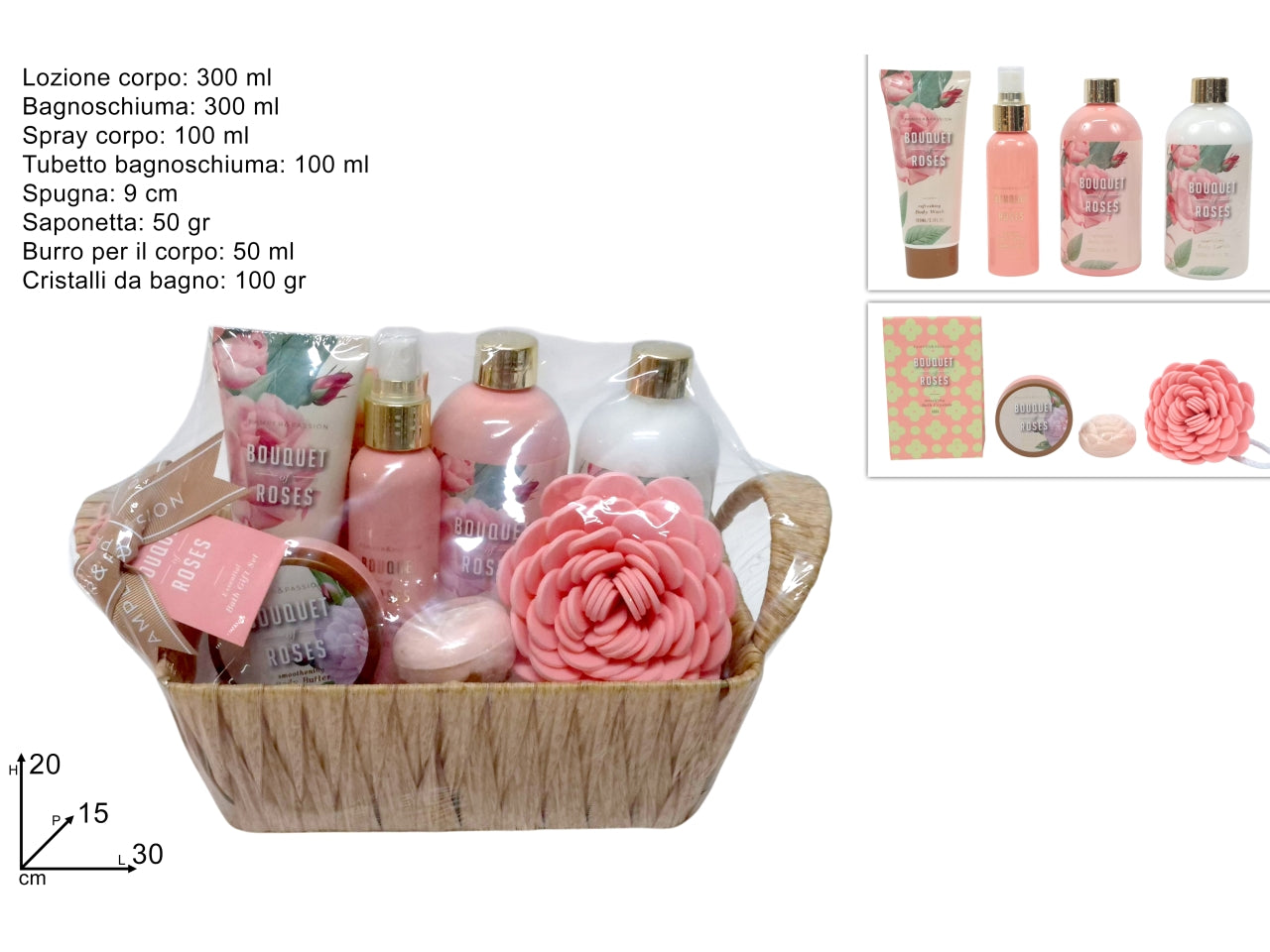 Confzione regalo linea corpo, cestino con lozione corpo, bagnoschiuma, spray corpo, mini bagnoschiuma, spugna, saponetta, burro per il corpo e cristalli da bagno.