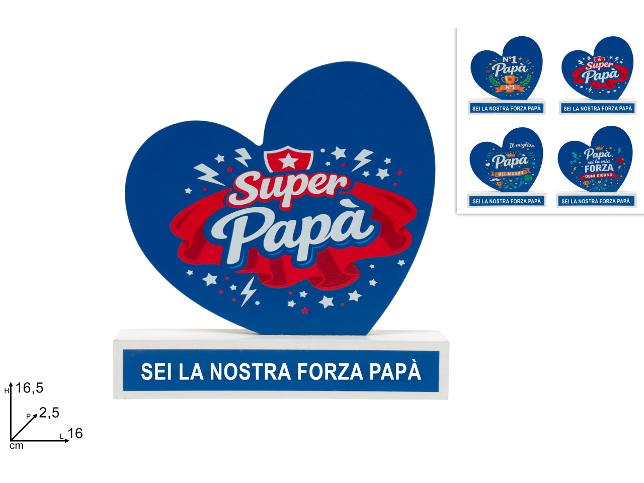 Cuore legno festa del papÃ  in 4 decori assortiti