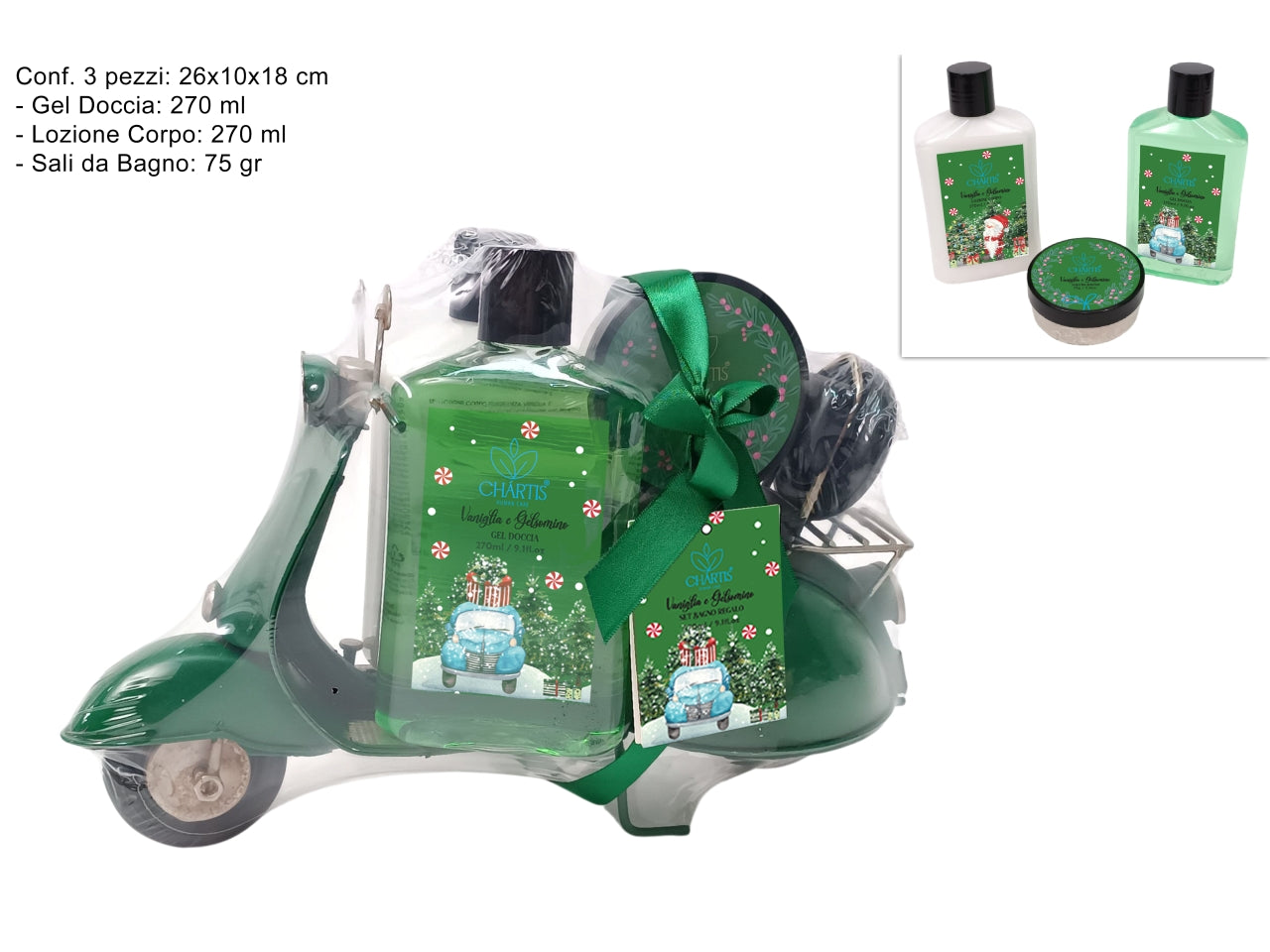 Confezione regalo linea corpo uomo con moto verde, gel doccia, lozione corpo e sali da bagno