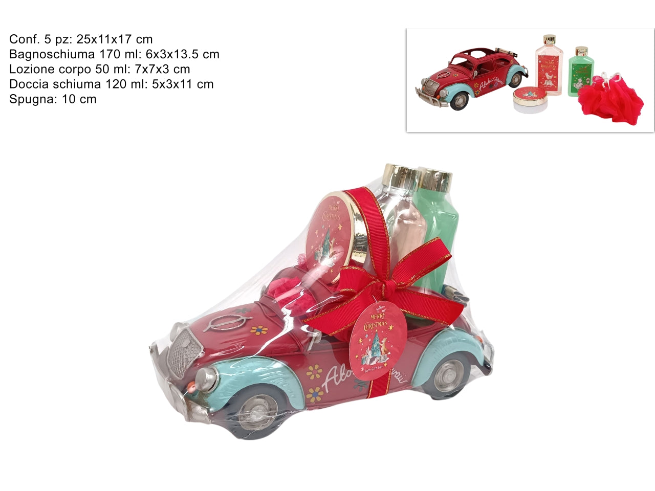 Confezione regalo linea corpo uomo con auto rossa, bagnoschiuma, lozione corpo, spugna e doccia schiuma