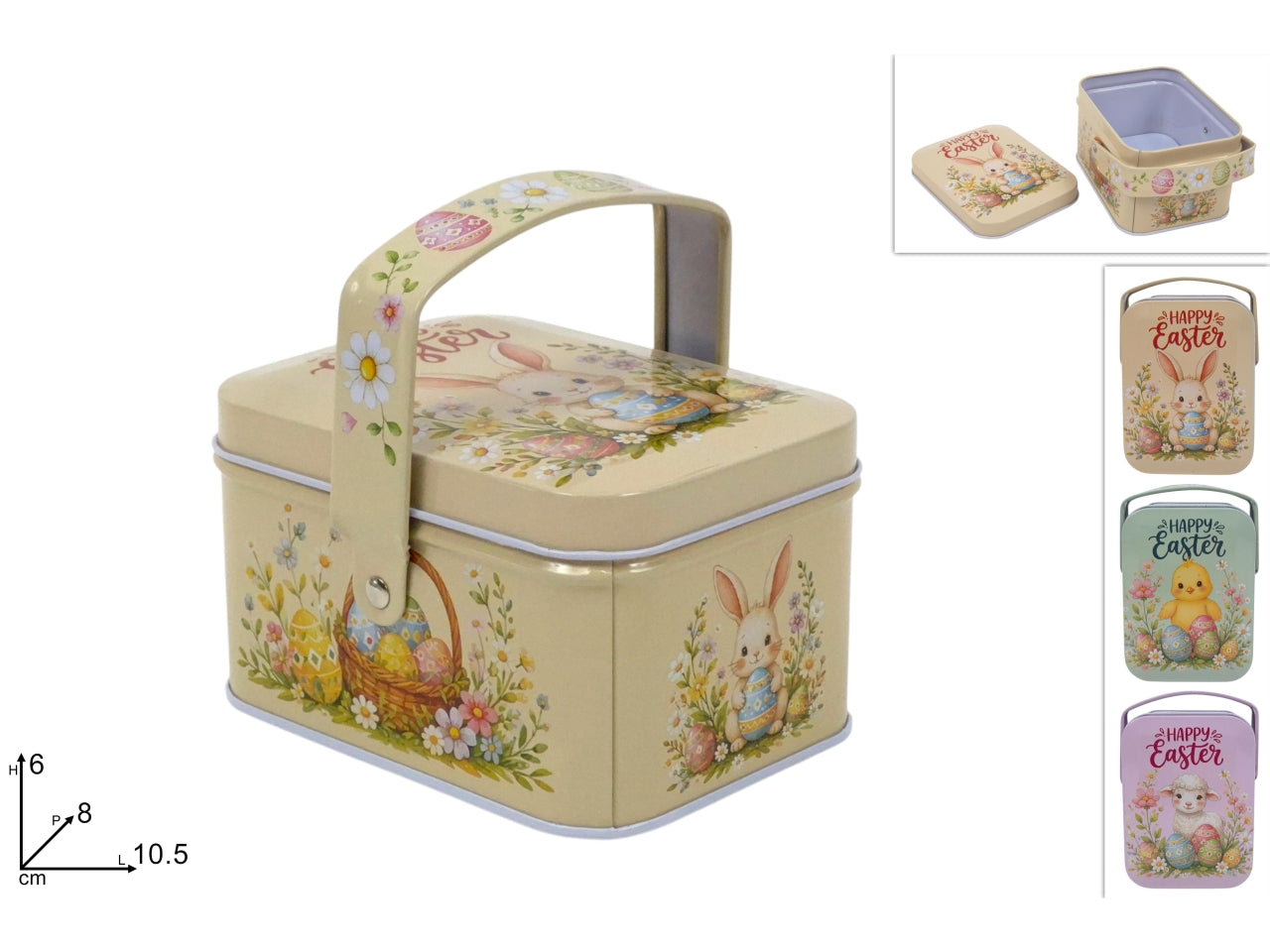 Scatola con manico in latta con decori pasquali assortiti