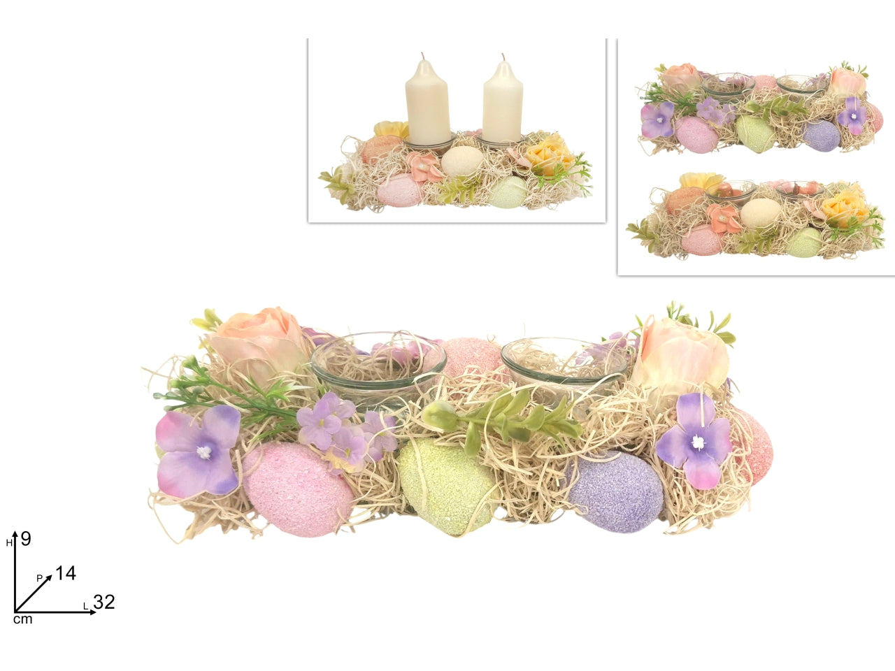 Portacandela 2 posti decorato con fiori e uova in 2 assortimenti