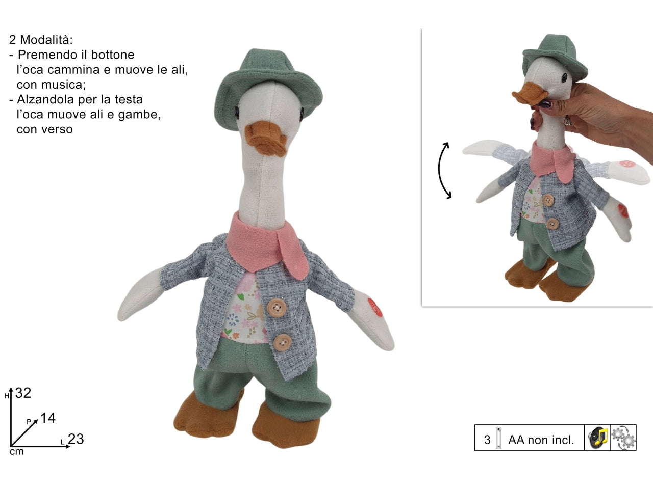 Oca vestita con movimento e musica in 2 modelli assortiti