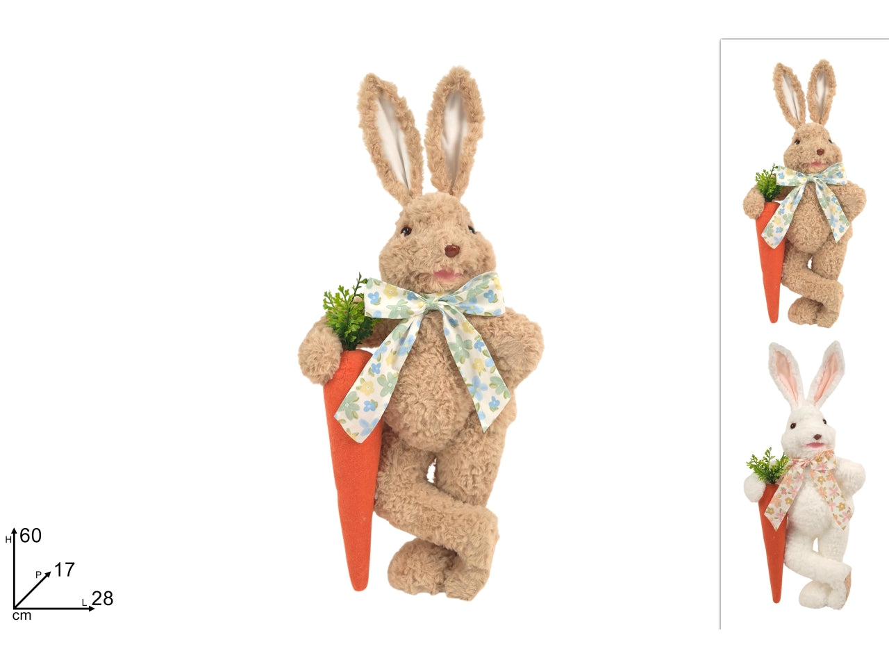 Coniglio in pelliccia 60cm con carota, 2 colori assortiti