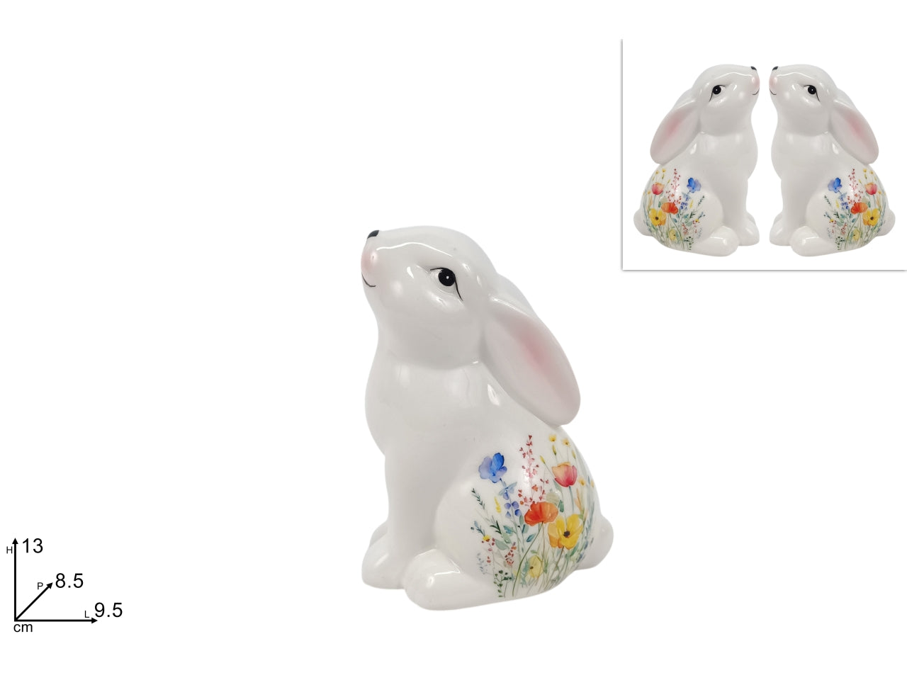 Coniglio 13cm in ceramica decorata con fiori, 2 assortimenti