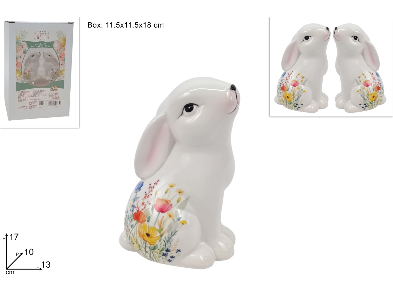 Coniglio 17cm in ceramica decorata con fiori, 2 assortimenti