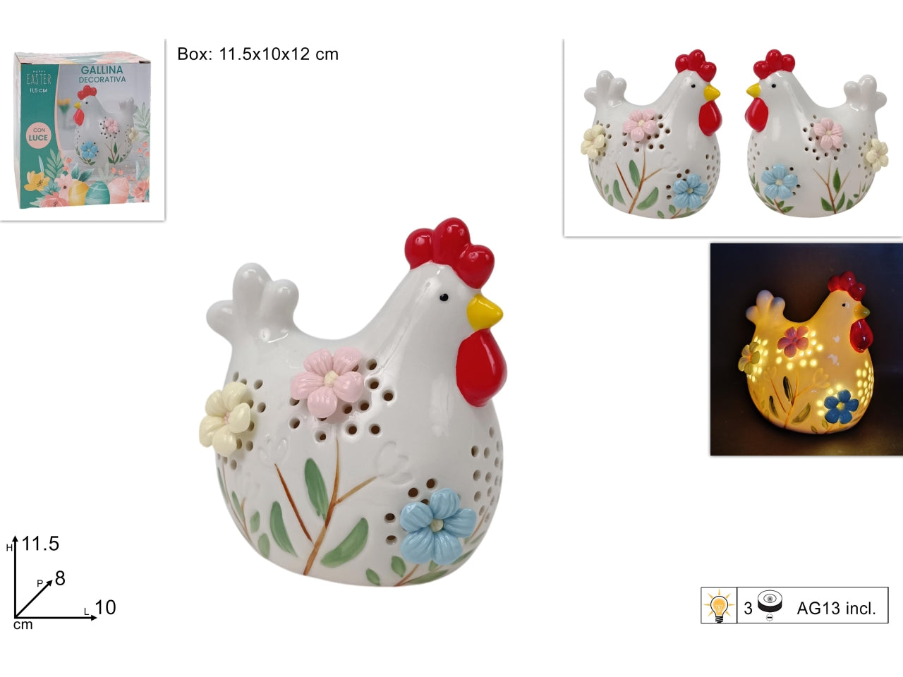 Gallina 11,5cm in ceramica con luce, 2 assortimenti