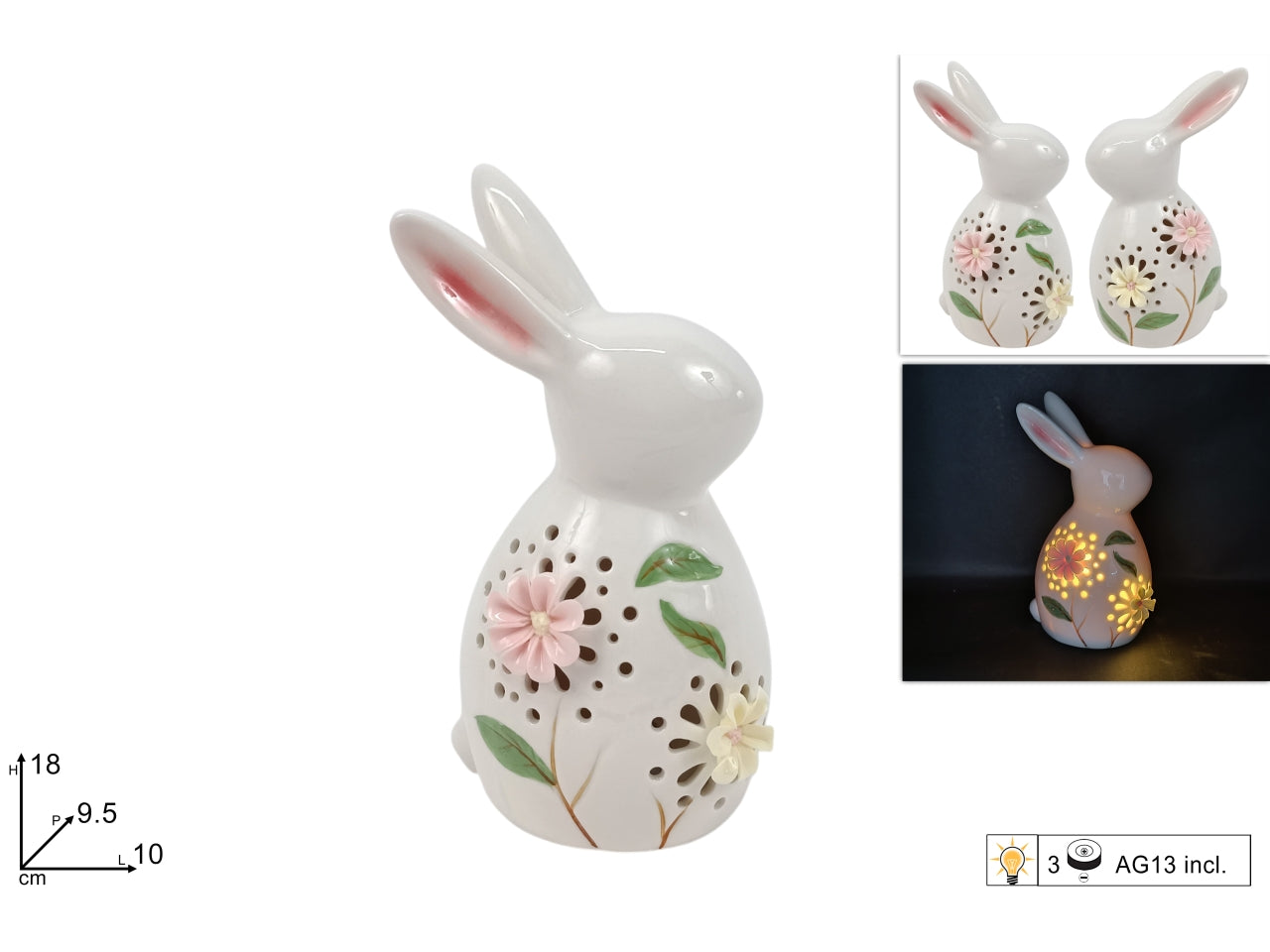 Coniglio 18cm in ceramica con luce 2 assortimenti