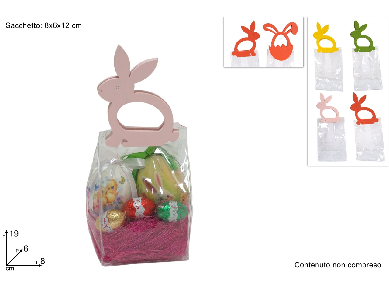 Busta pvc 8x6x12cm con coniglio legno, assortiti