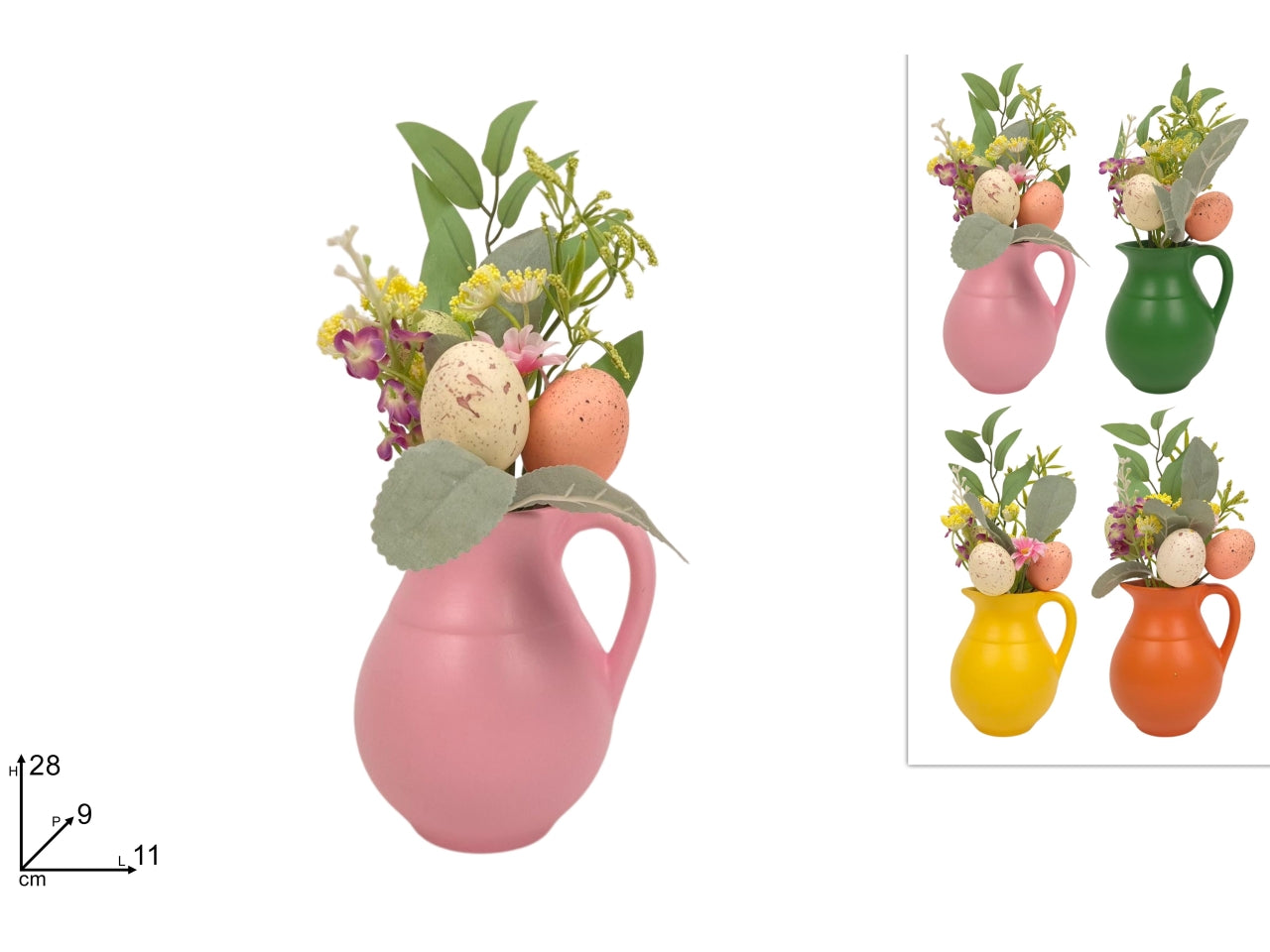 Pianta fioirellini e uova con vaso brocca in 4 colori assortiti