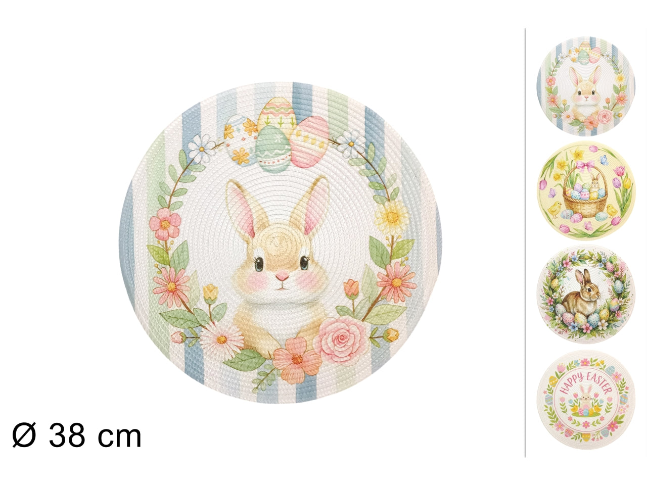 Tovaglietta intrecciata tonda 38cm con decoro pasquale in 4 fantasie assortite