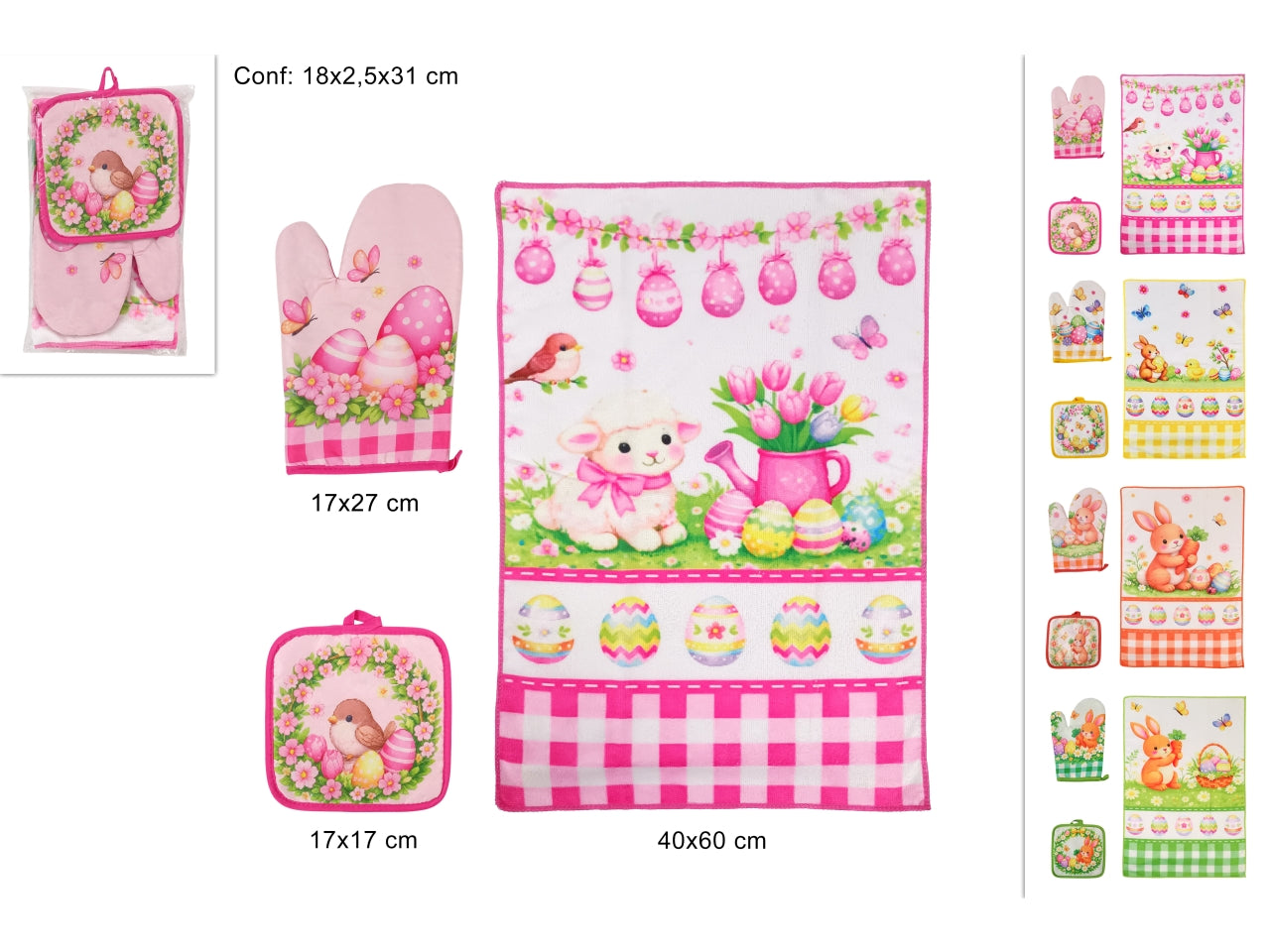 Set cucina, guanto da forno, presina e canovaccio con decoro pasquale 4 decori assortiti
