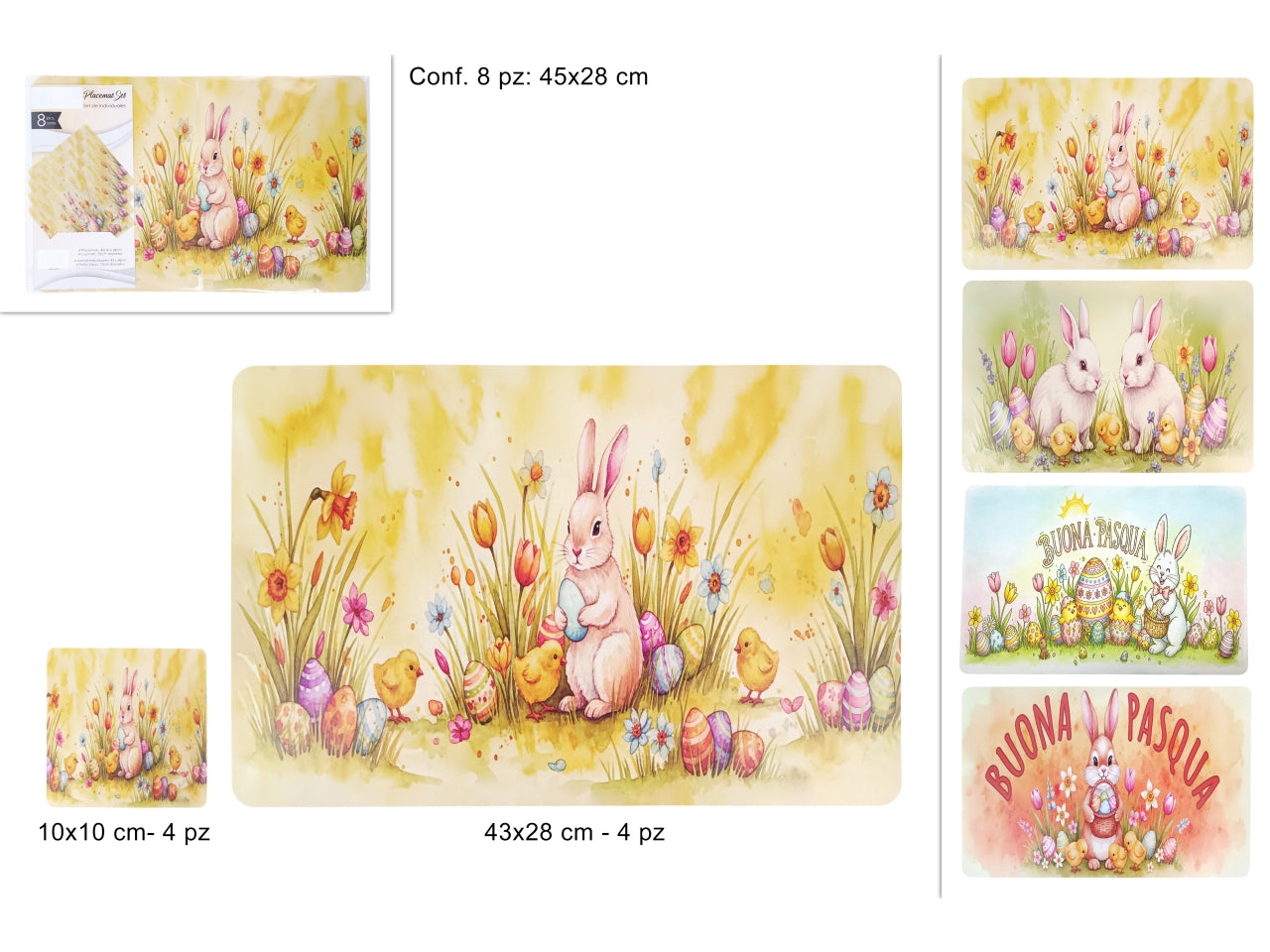 Set 4 Tovagliette 43x28cm e 4 sottobicchieri 10x10cm con decoro pasquale in 4 assortimenti