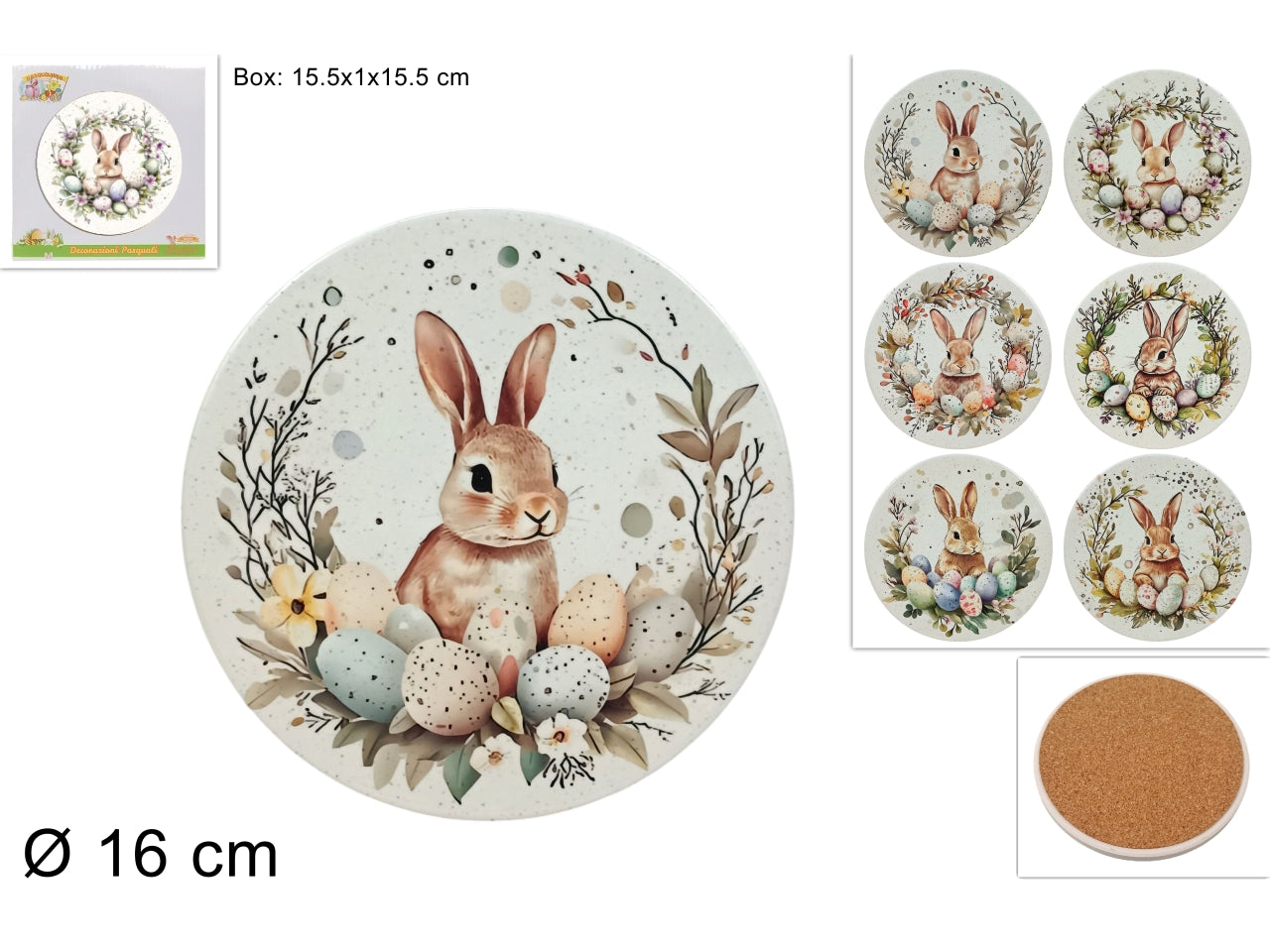 Sottopentola base sughero 16cm con coniglio, decori assortiti
