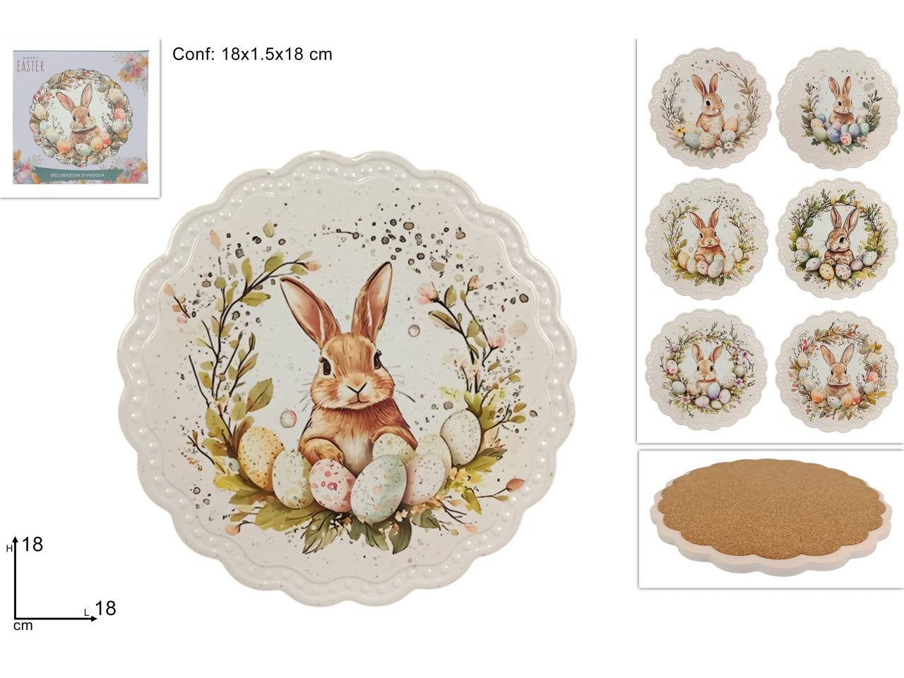 Sottopentola base sughero 18cm con coniglio, decori assortiti