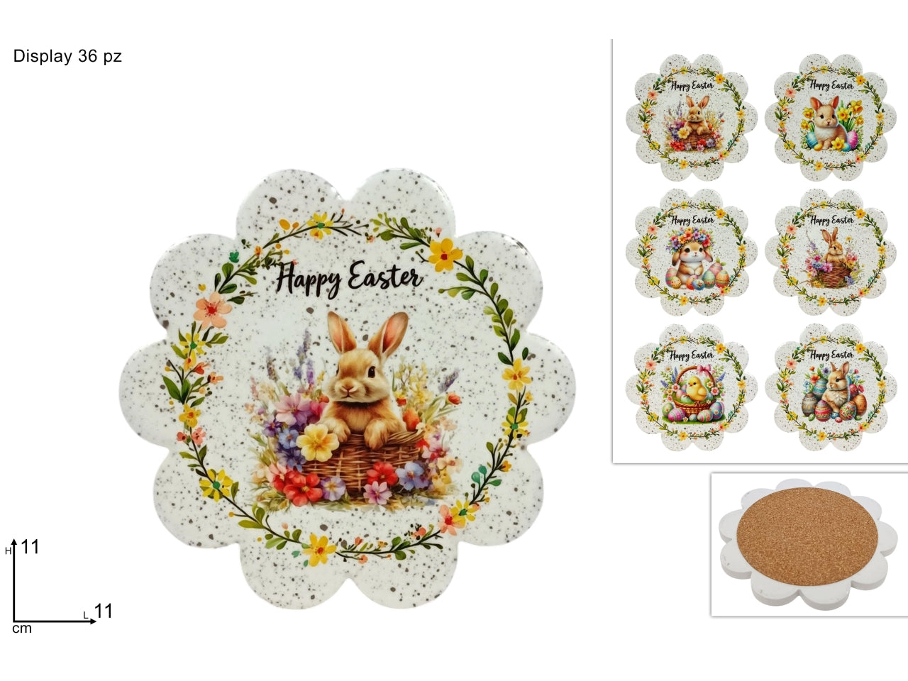 Sottopentola fiore base sughero 11cm con coniglio, decori assortiti