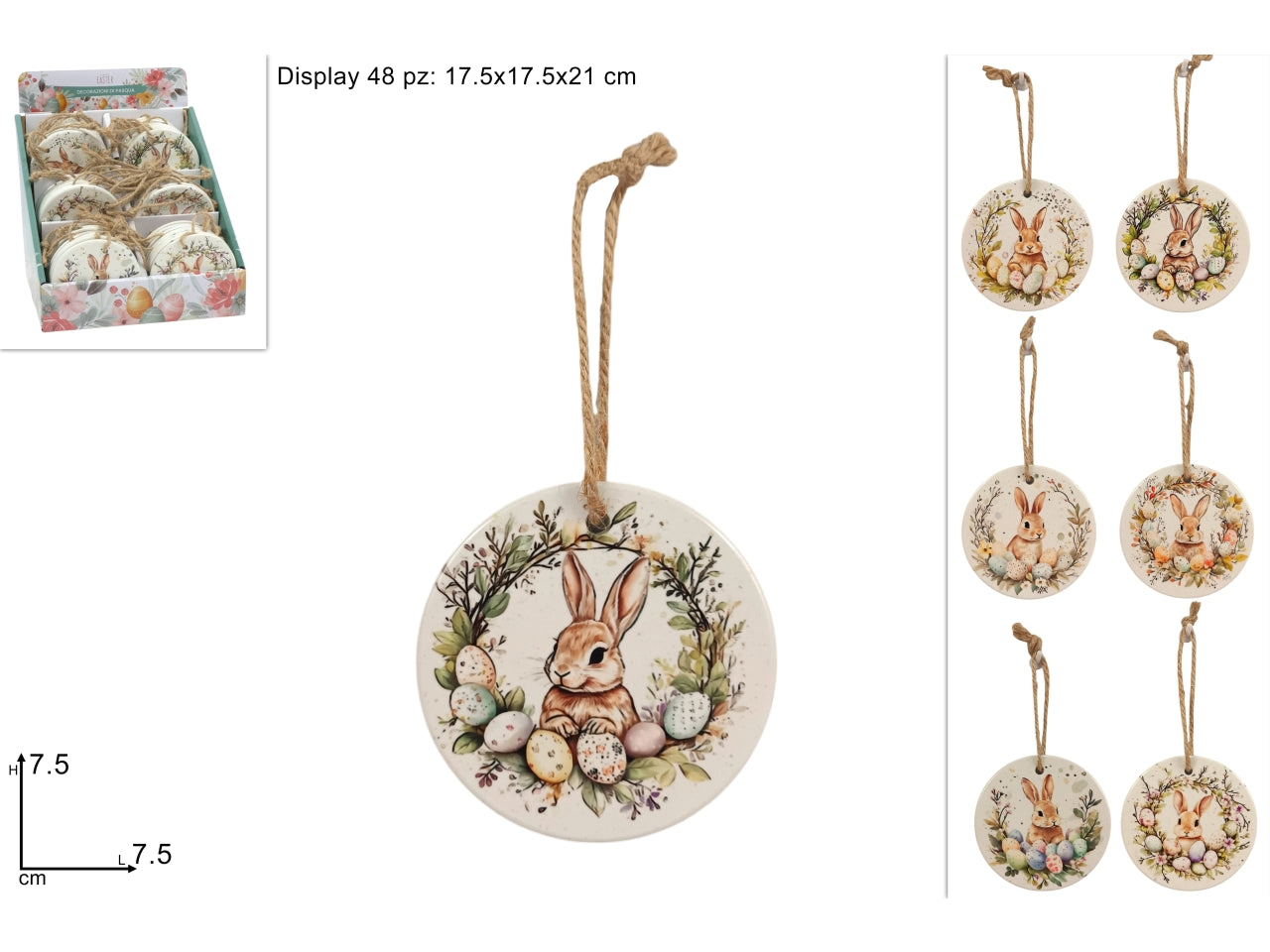 Appendino ceramica 7,5cm con coniglio, decori assortiti