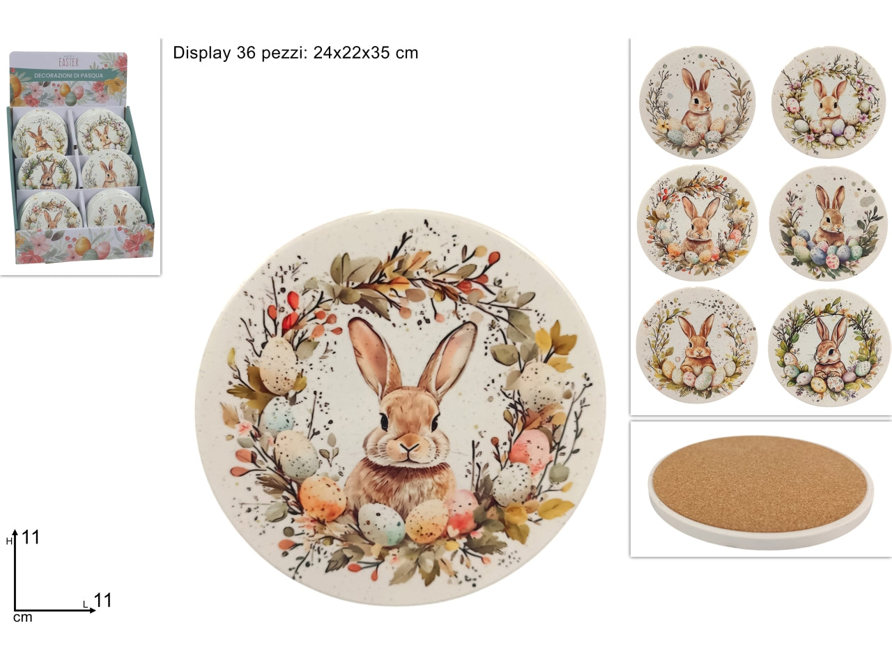 Sottobicchiere tondo base sughero 11cm con coniglio, decori assortiti
