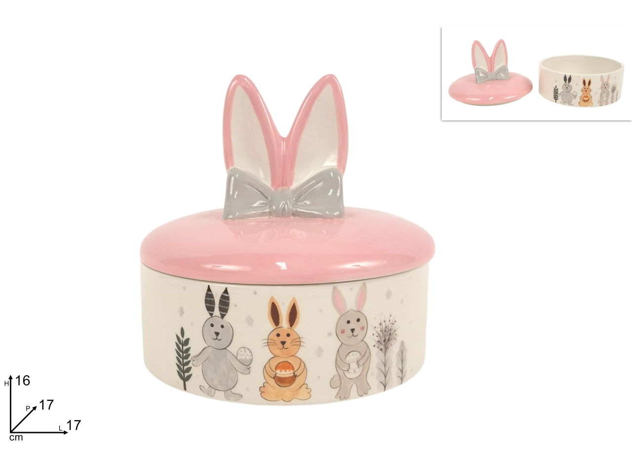 Barattolo tondo con orecchie coniglio in ceramica 17xh.16cm
