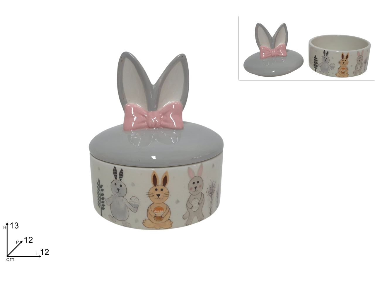 Barattolo tondo con orecchie coniglio in ceramica 12xh.13cm