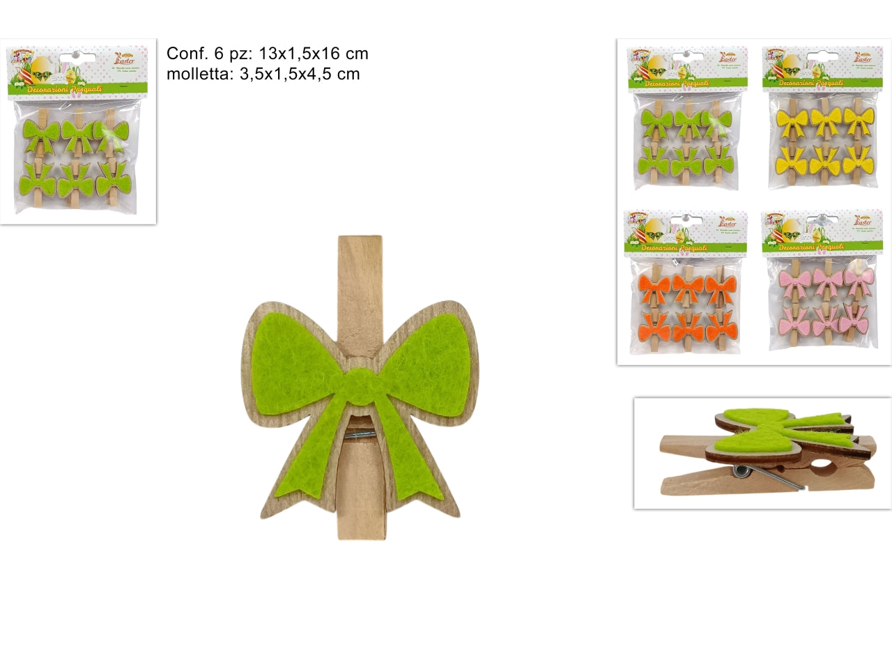 Mollette con fiocchetti in legno set 6 pezzi in 4 colori assorrti