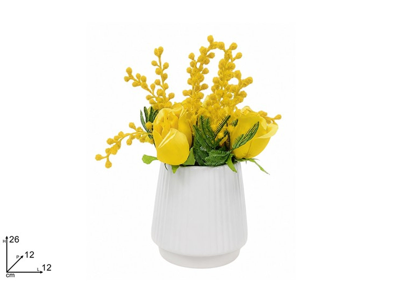 Vaso in ceramica con mimose e rose gialle