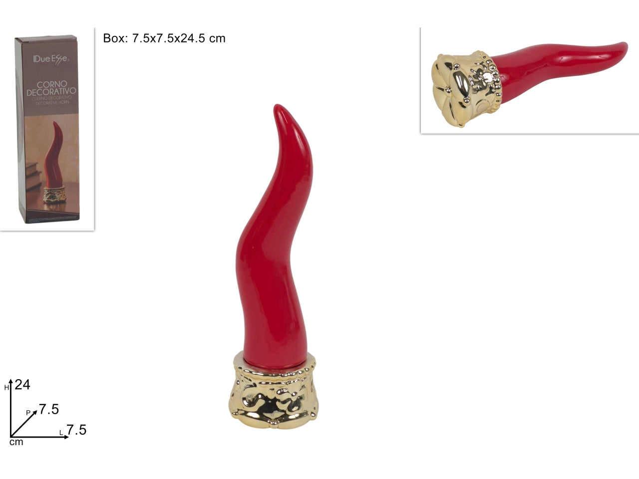 Corno in ceramica rosso 7,5xh.24cm con corona oro