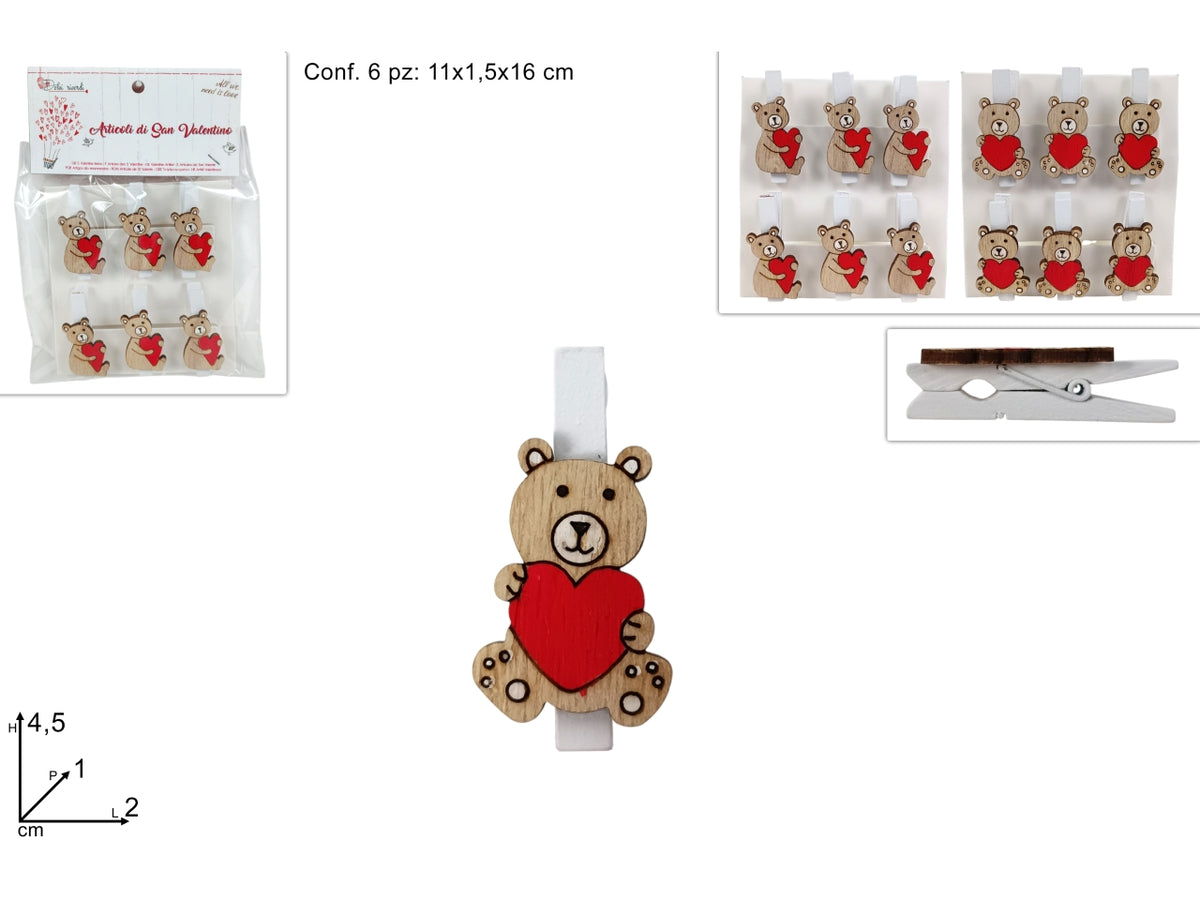 Mollette orsetto con cuore in legno, confezione da 6 mollette in 2 assortimenti