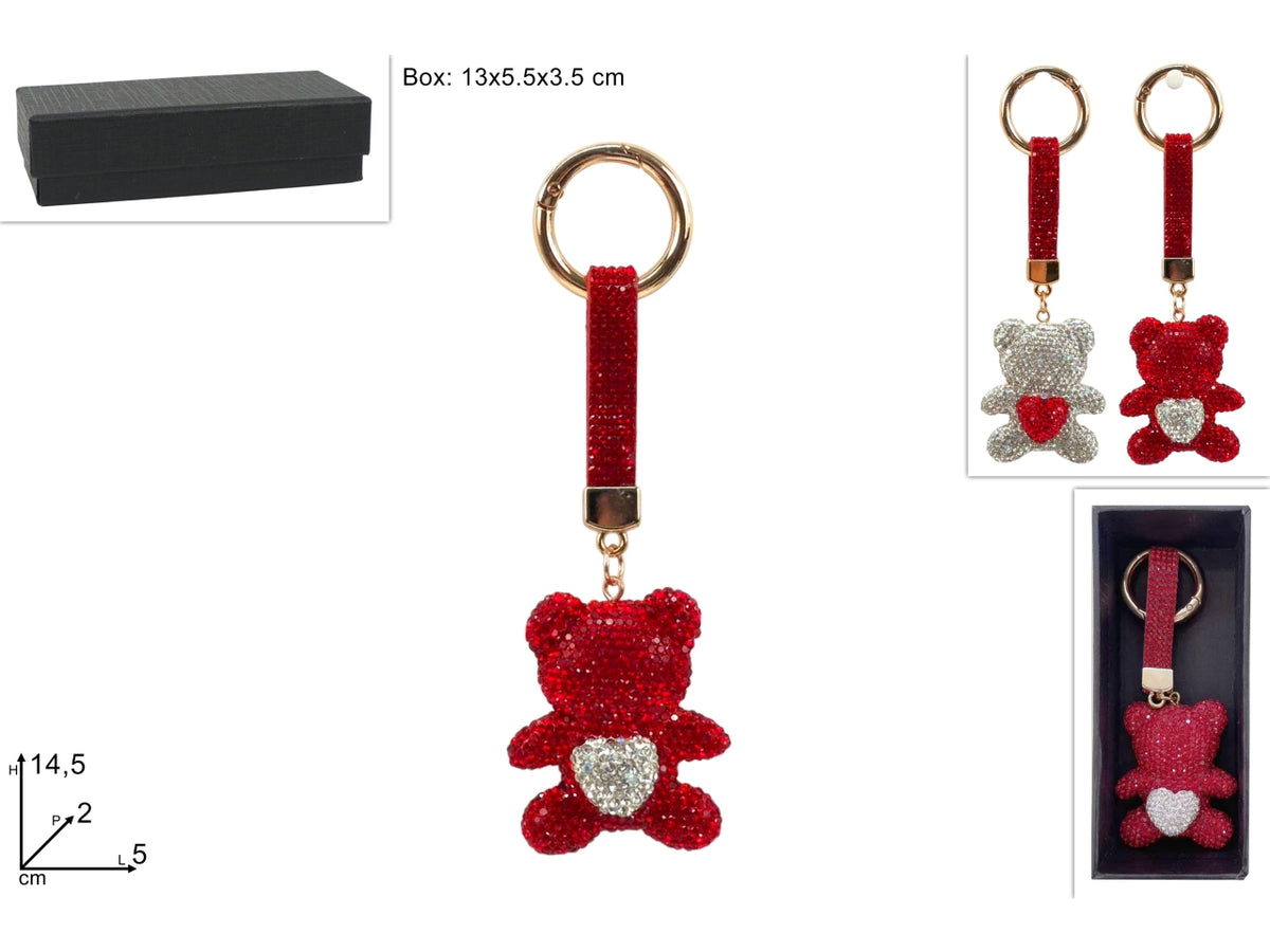 Portachiavi orsetto e cuore con strass 14,5cm in 2 assortimenti