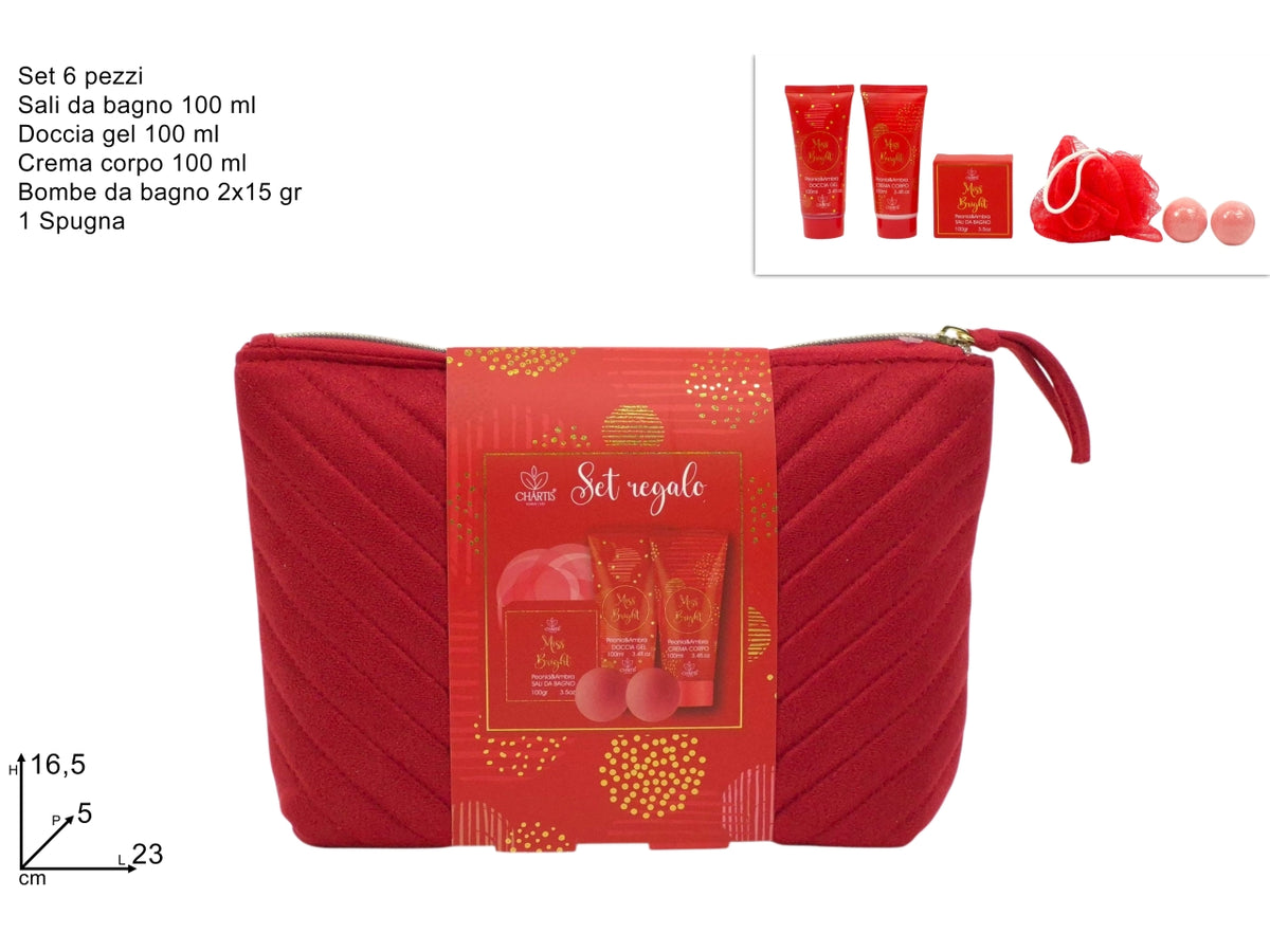 Confezione regalo linea corpo donna con beauty rosso sali da bagno, doccia gel, crema corpo, bombe da bagno e spugna
