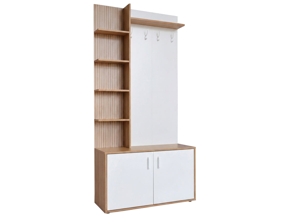 Mobile ingresso oak cannettato bianco, appendini e scarpiera, 90x34x180cm