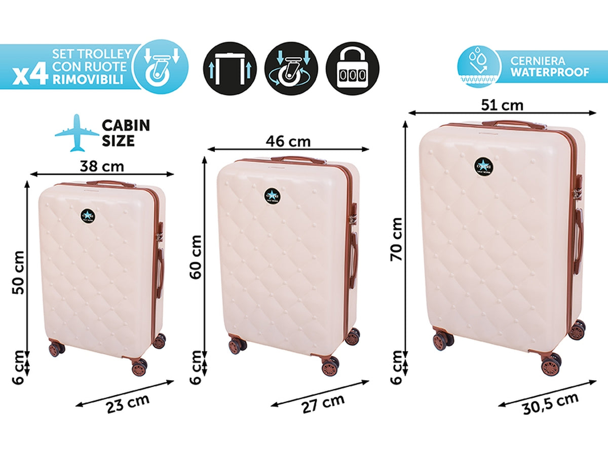 Set 3 trolley Coveri Berlino in ABS beige/marrone con 4 doppie ruote, sacca a rete, elastico ferma indumenti e cerniera singola