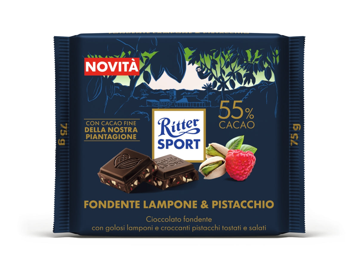 Ritter sport tavoletta 75gr fondente 55% con golosi lamponi e croccanti pistacchi tostati e salati