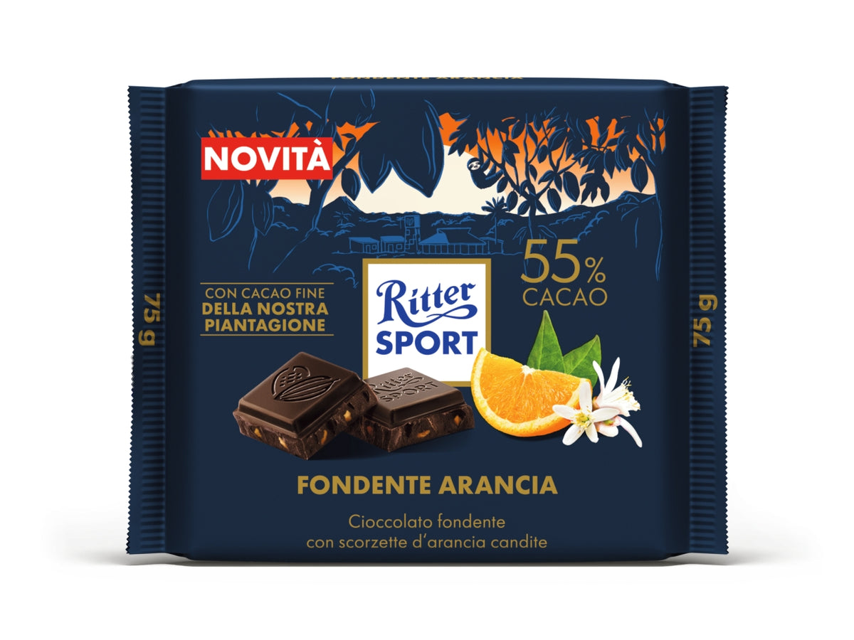 Ritter sport tavoletta 75gr fondente 55% con scorzette d'arancia candite