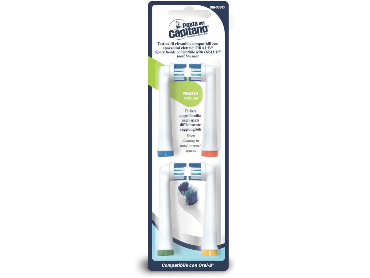 Pasta del Capitano set 4 testine di ricambio setole incrociate, compatibili anche per spazzolini elettrici Oral B