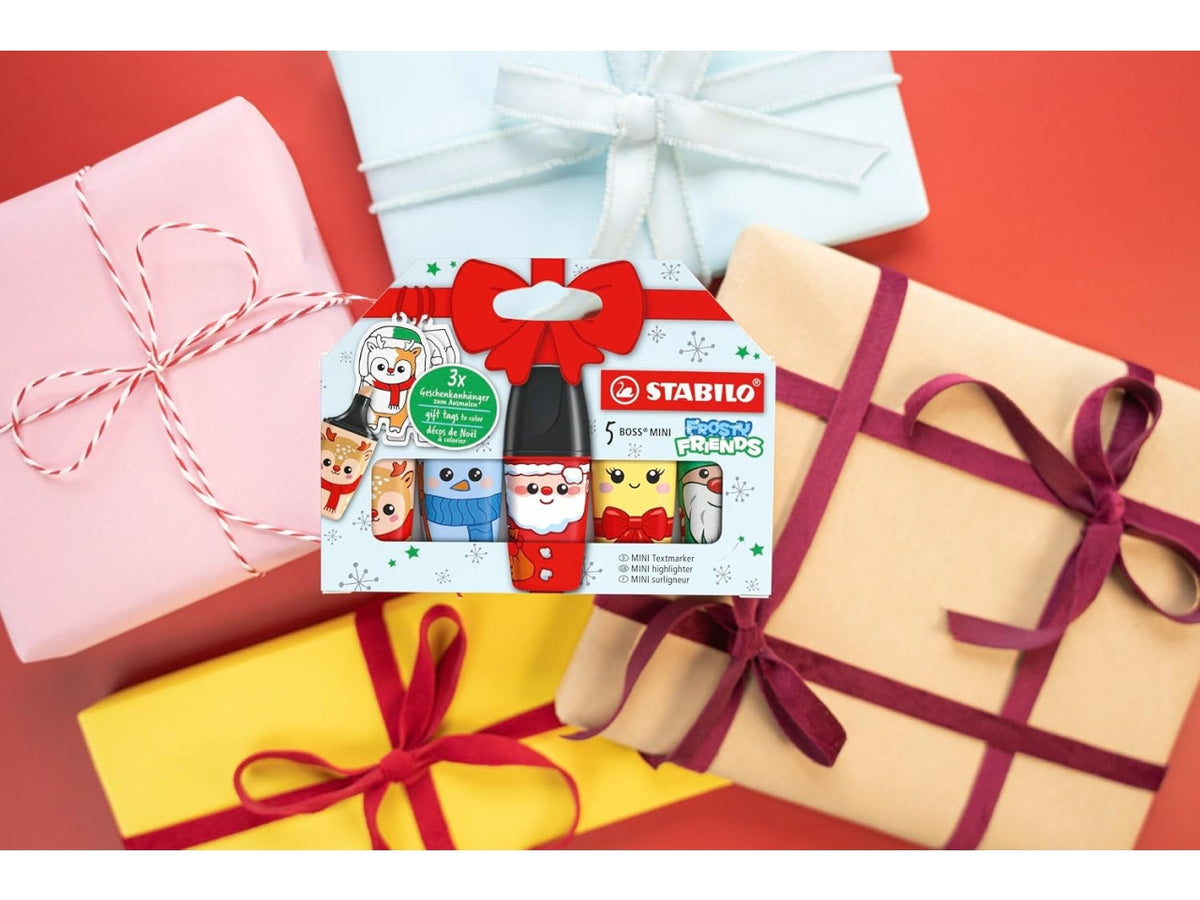 Stabilo Boss 5 mini evidenziatorei Frosty Friends natalizi con 3 bigliettini da colorare e personalizzare