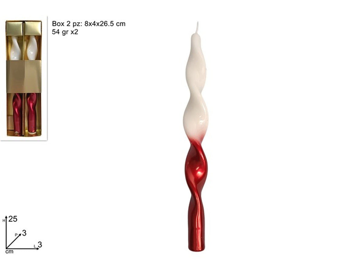 Candele torciglione 25cm 54gr bianco/rosso, set 2 candele